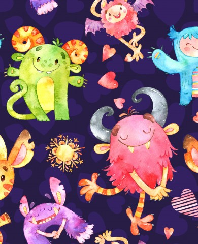 Toile coton aquarelle monstres et coeurs