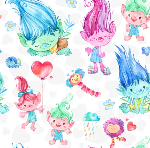 Trolls aquarelles en French Terry sur fond blanc