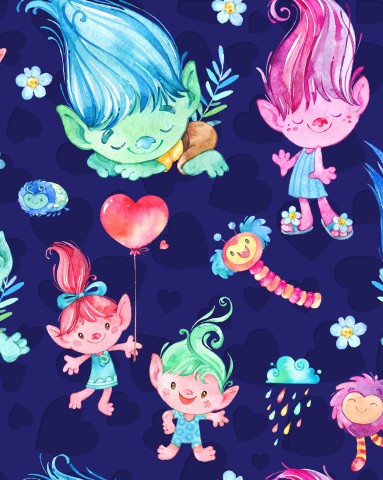 Toile de coton trolls et coeurs