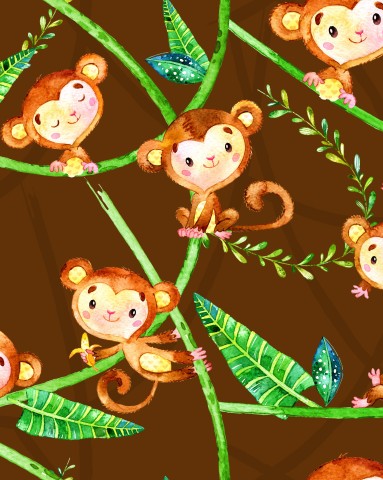 Toile de coton avec un joli singe sur fond marron
