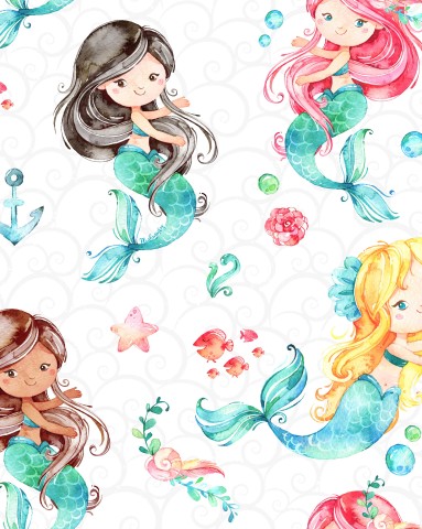 Tissu imperméable à l'eau, sirènes aquarelles sur fond blanc
