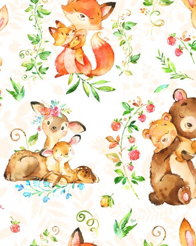 Toile de coton avec de jolis animaux de la forêt et des fleurs