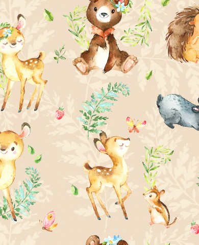 Toile coton animaux de la forêt et fleurs