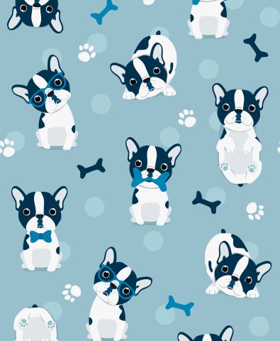 Toile de coton bouledogues français sur fond bleu