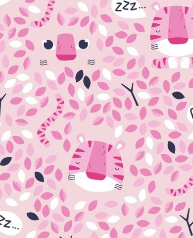 Toile de coton rose et noire chats et feuilles
