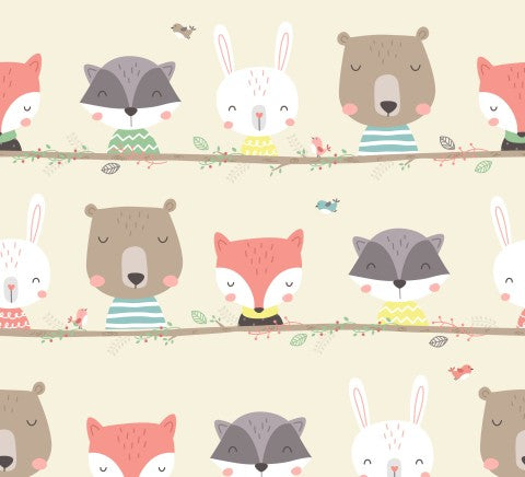 Toile de coton avec des animaux mignons sur une branche