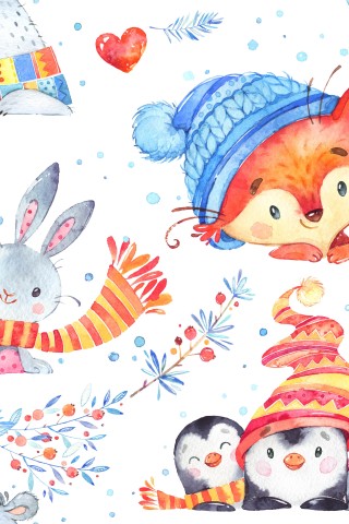 Motif de Noël en jersey aquarelle avec des animaux et des oiseaux mignons