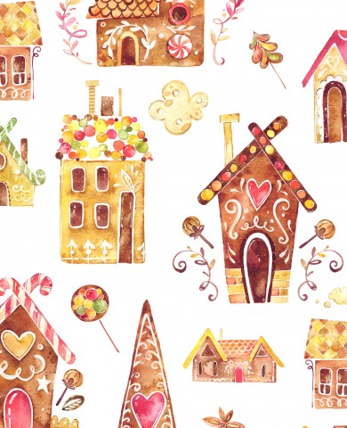 Tissu imperméable motif maison en pain d'épices aquarelle