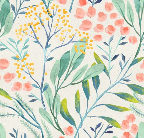 Toile coton aquarelle fleurs et feuilles
