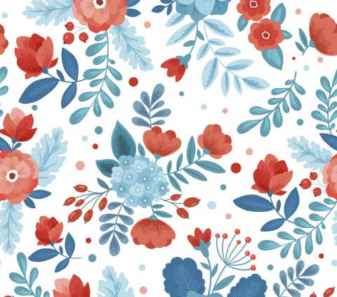Toile de coton à motif floral avec des fleurs rouges, bleues et blanches