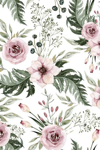 Muslin floral pattern with pink flowers and green leaves