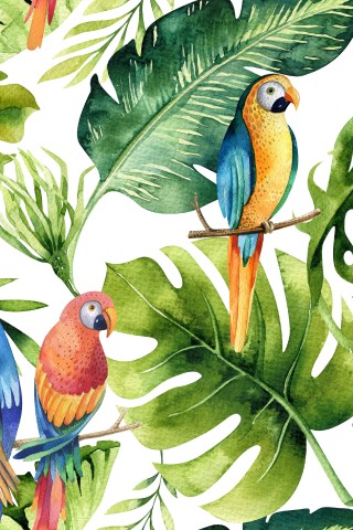 Toile de coton perroquets colorés et feuilles tropicales