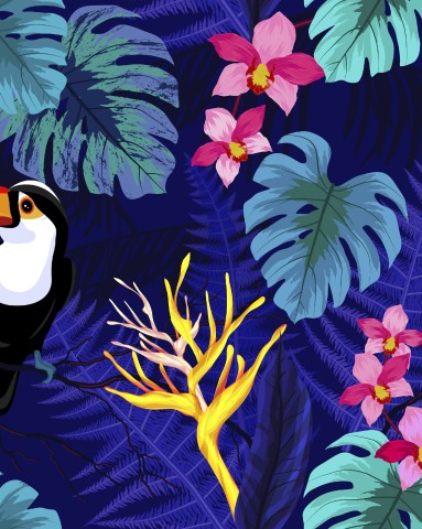 Muslin illustration of a toucan sitting on a branch with tropical plants