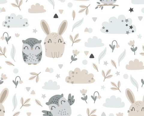 Toile de coton avec de jolis hiboux, oiseaux et nuages