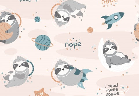French Terry cute sloths in space