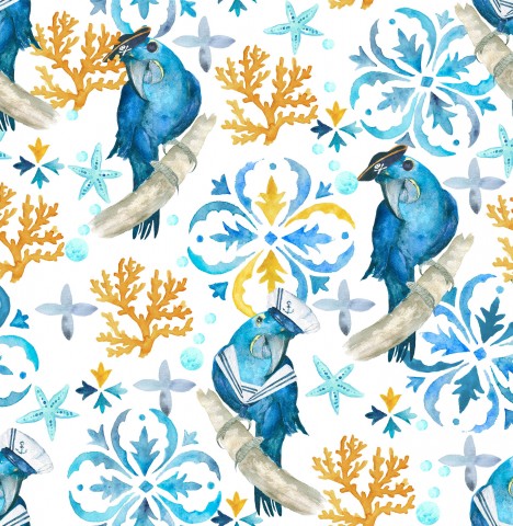 Toile de coton bleu oiseaux et coraux