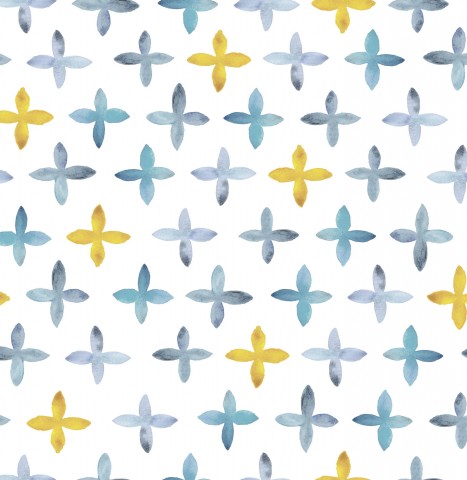 Toile de coton à motif aquarelle avec des fleurs jaunes, bleues et blanches