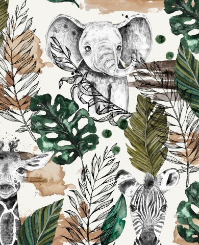 Toile de coton éléphants, girafes, zèbres et feuilles