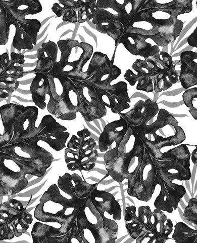 Toile de coton à motif noir et blanc avec des feuilles tropicales