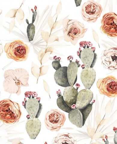 Toile de coton cactus, roses et feuilles