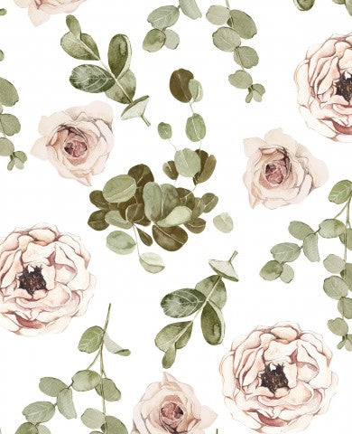 Toile coton roses et eucalyptus