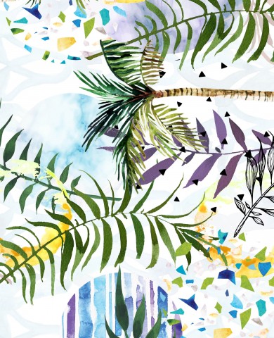 Wasserdichter Stoff ein Aquarellmuster mit tropischen Pflanzen und Palmen