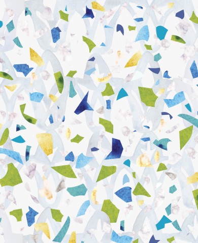 Toile de coton fond blanc avec des fleurs bleues, vertes et jaunes