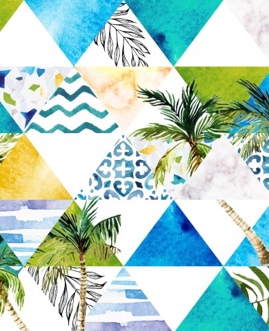  Palme in tela di cotone e forme geometriche blu e bianche