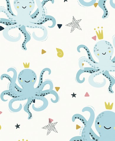 Toile de coton poulpe et étoiles sur fond blanc