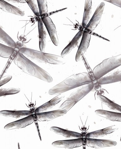 French Terry pattern of dragonflies on a white background