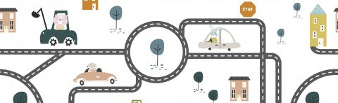 Toile de coton rues, voitures et arbres