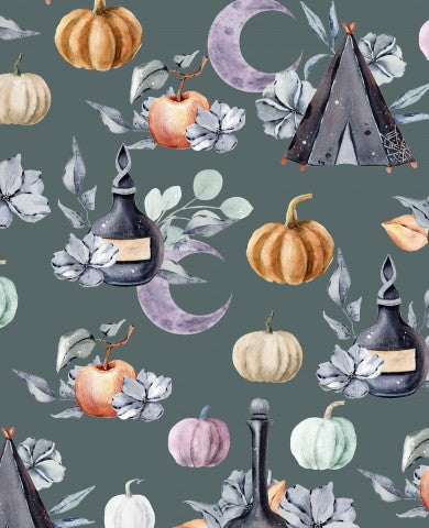 Toile de coton, tissu d'Halloween à l'aquarelle avec citrouilles et croissant de lune