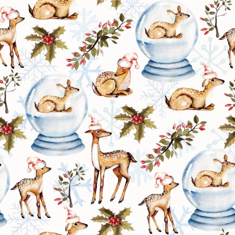 Toile de coton à motif aquarelle avec cerfs et flocons de neige