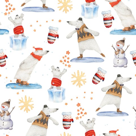Toile de coton ours polaires et bonhommes de neige