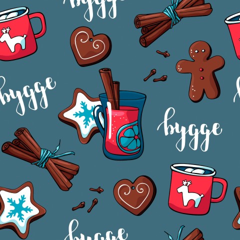 Toile de coton représentant une tasse de chocolat chaud, des biscuits et du pain d'épices