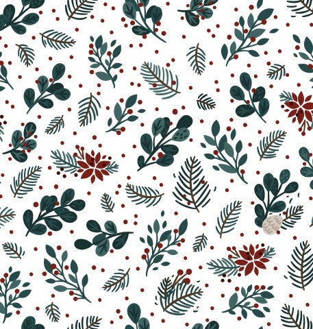 Toile de coton motif Noël avec feuilles et baies rouges et vertes