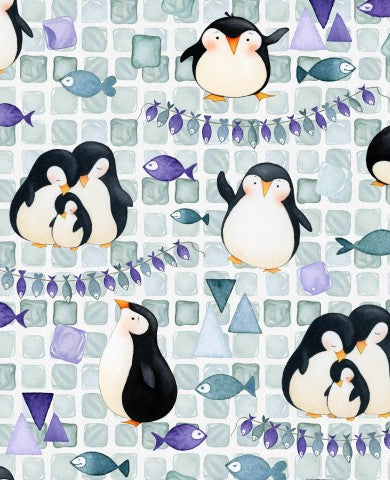 Pingouins à carapace molle et poissons dessus