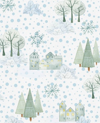Toile de coton avec flocons de neige et arbres dessus