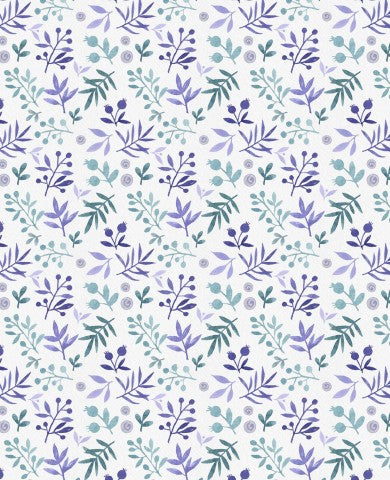 Toile de coton feuilles bleues et violettes