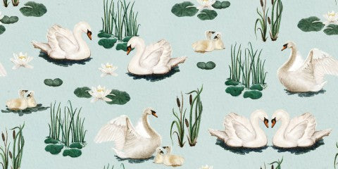Toile de coton cygnes blancs et nénuphars