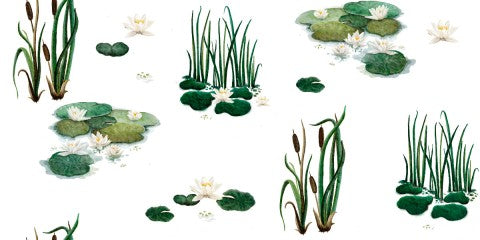 Waterproof fabric water lilies and reeds on a white background