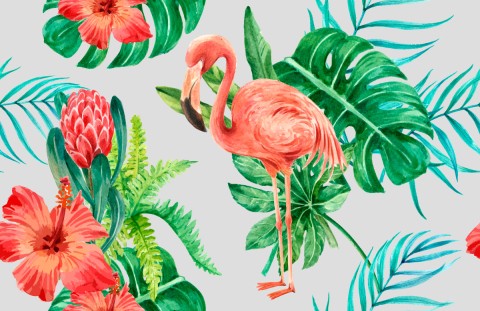 Toile de coton flamants roses et plantes tropicales