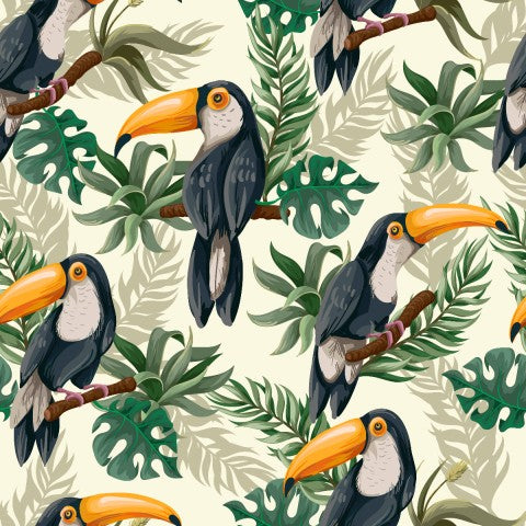 Toucans en satin de coton et feuilles tropicales