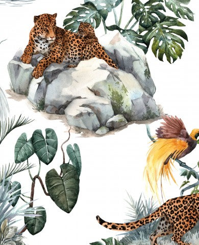 Toile de coton jaguar, léopard et oiseau dans la jungle
