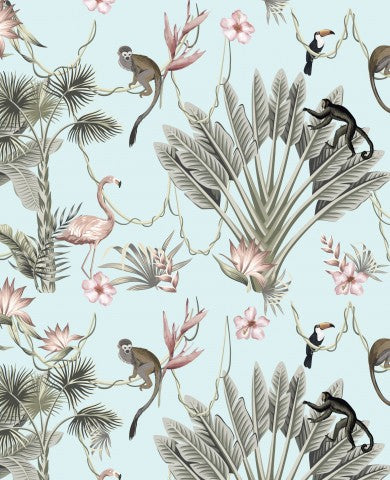 French Terry monkeys, birds and palm trees on a blue background