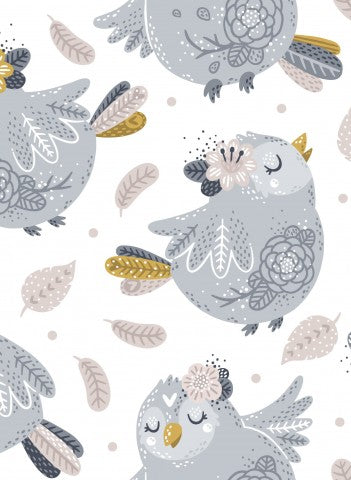 Toile de coton avec de jolis oiseaux et feuilles