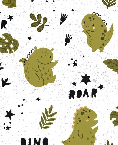 Toile en coton avec de jolis dinosaures, feuilles et étoiles