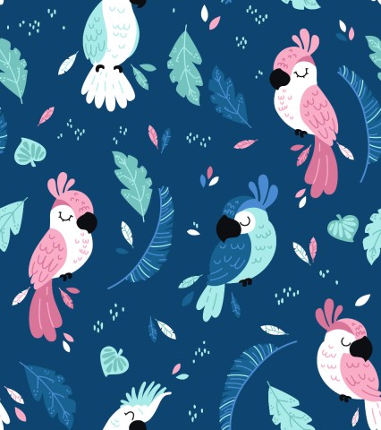 Toile de coton perroquets et feuilles colorées