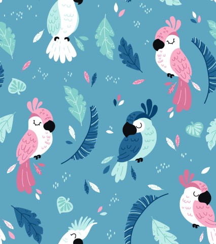 Toile de coton perroquets et feuilles colorées