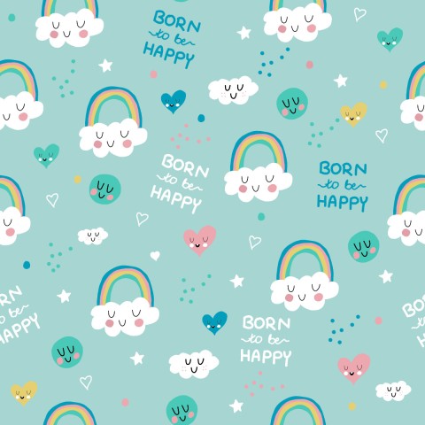 Toile de coton avec des nuages ​​joyeux, des arcs-en-ciel et des cœurs